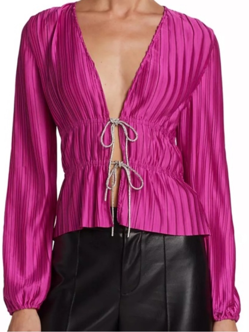 Wayf Payton crystal tie front pleated satin long sleeve blouse sz XL EUC